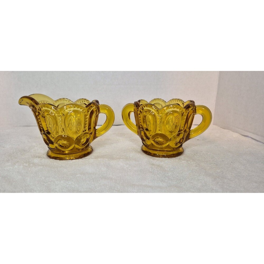 Vintage Moon And Stars L E Smith Amber Creamer And Open Sugar Bowl With Handles